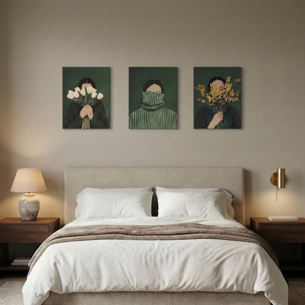 3 Pcs Framed Emerald Green Abstract People Wall Art Canvas, floral Woman Portrait with White Tulips, Striped Sweater and Yellow Flowers Poster Prints Pictures Paintings Home Wall Decor, Wrapped Canvas