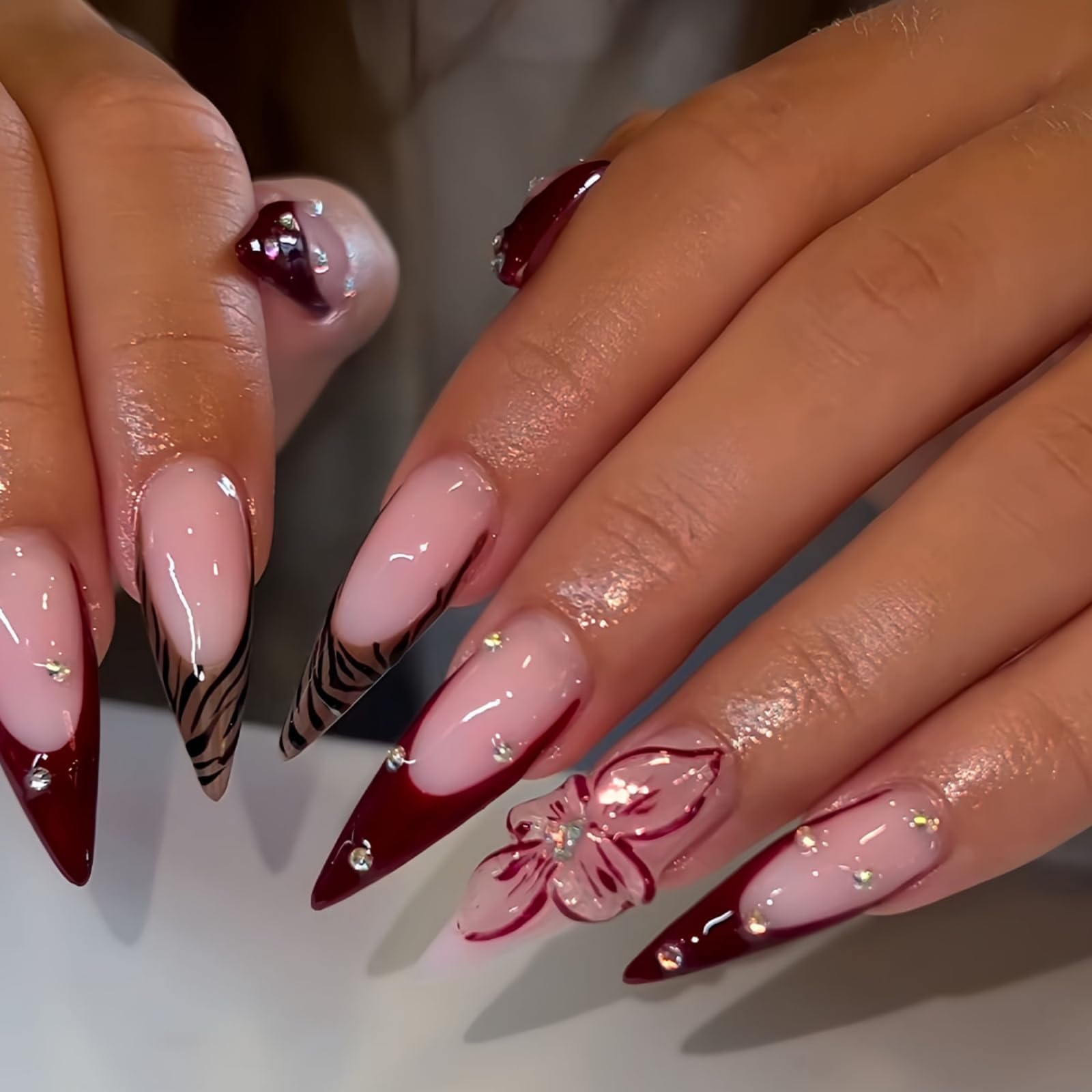24Pcs Long Press on Nails Stiletto French Brown Pink Flowers Handmade False Nails with Leopard Print