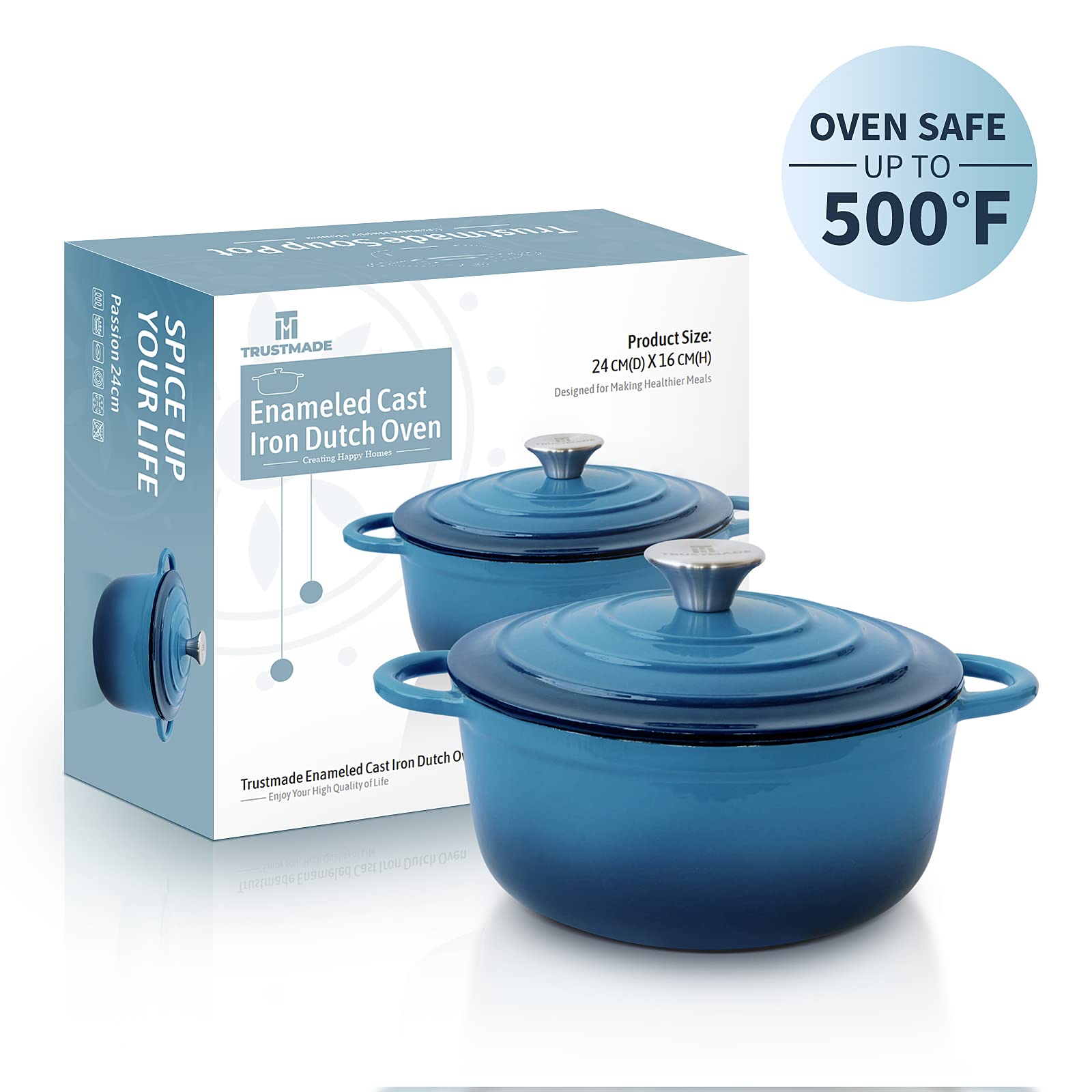 Trustmade 3 QT - Pentola olandese in ghisa, smaltata, con coperchio autoimbastente, per cottura domestica, stufa, cucina, blu
