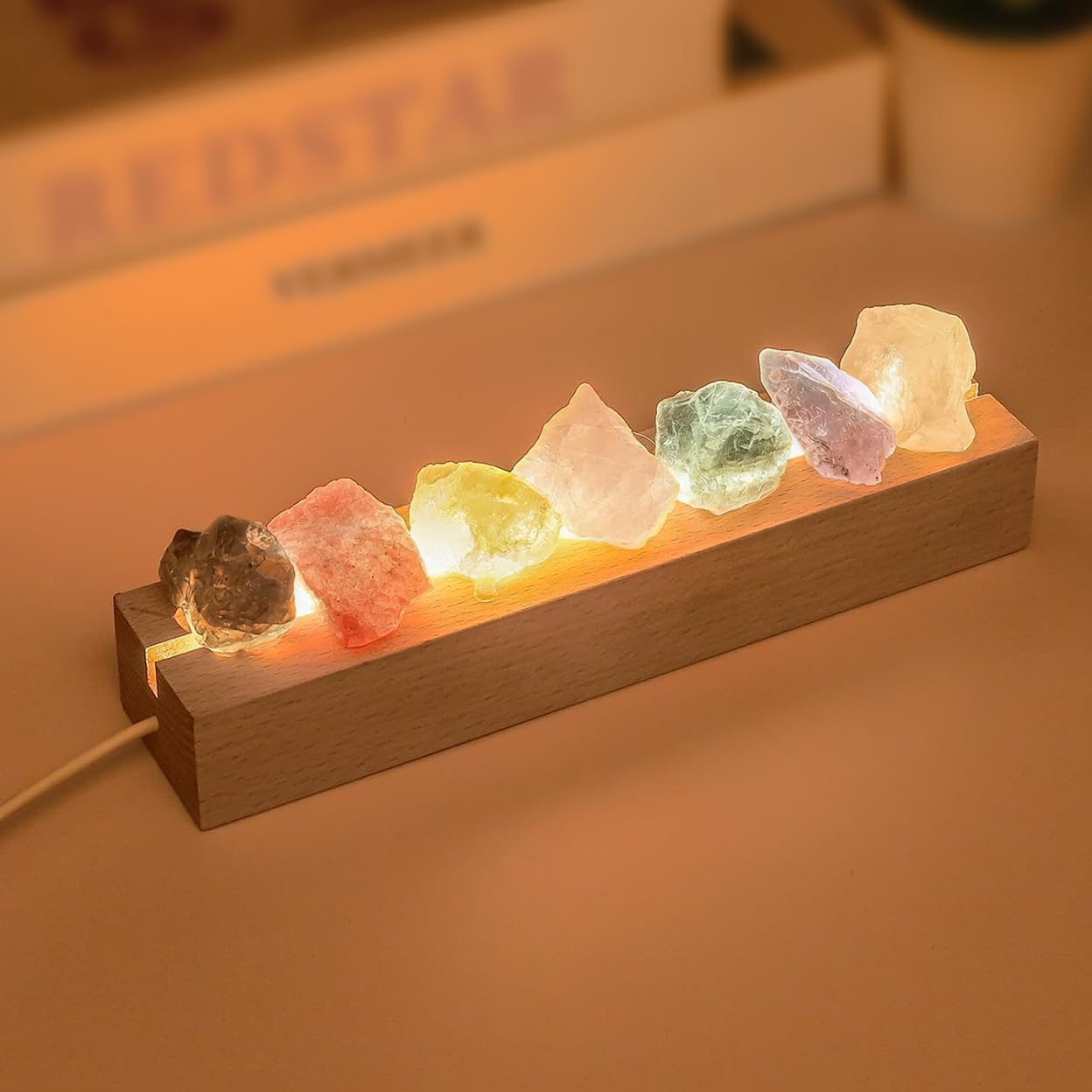 Healing Crystal Night Light, 7 Chakra Natural Stone Bedside Lamp with Wooden LED Base, 3 Color Dimmable Mood Light for Meditation, Reiki, Positive Energy Gemstone Lamp Home Decor (Plug-in)