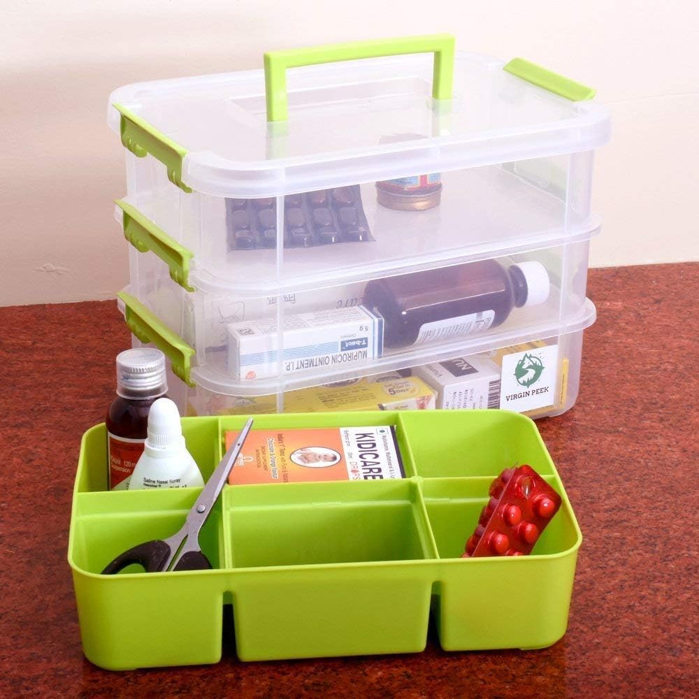 OHELIGO 3 Layer Multipurpose Medical Medicine Transparent Green Partitions Storage Box Plastic for Stationary Jewelry Tailoring Kitchen Accessories Makeup First Aid Items Organizer 28X18X19 cm