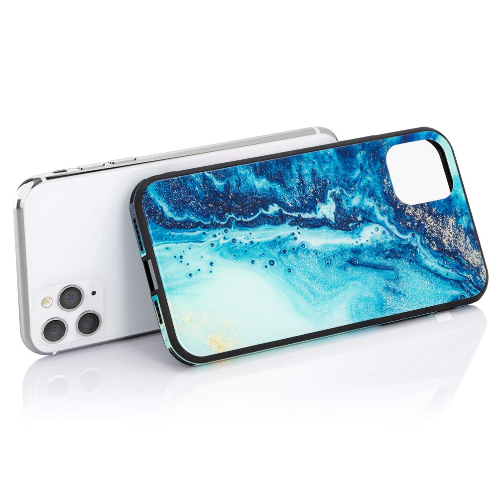 NALIA Custodia Marmo Vetro per iPhone 11 Pro Max - Vetro Temperato 9H - MARBELLE (Bumper Silicone & Grip) - Marchio Tedesco, Colore:Blu Turchese