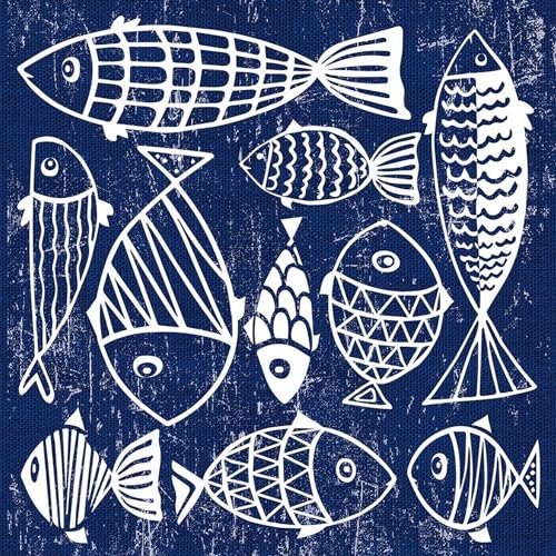 PPD Servilletas de papel con diseño de peces blancos en azul oscuro (20 unidades, para decoupage y decoupage, 33 x 33 cm)