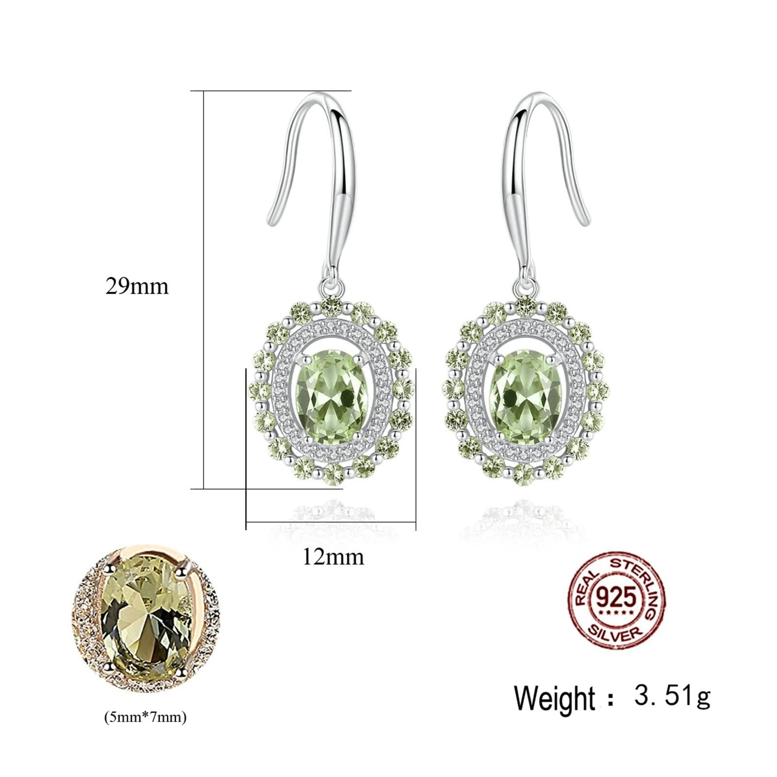 Hängeohrringe Aesthetic, Ohrring Damen Silber 925 Olivgrün 5x7mm Zirkonia Ovale Form Olivgrüner Zirkonia Ohringe Valentinstag Geschenk 29x12mm
