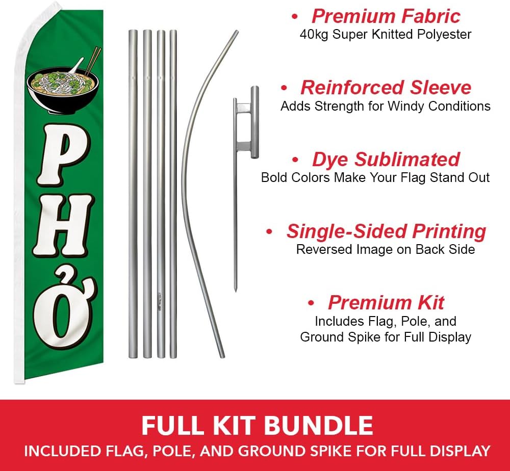 Pho Swooper Advertising Flag & Pole Kit - Perfect for Store Fronts, Cafes, Retailers, Shops, Food Trucks, Events, Fairs, Restaurants