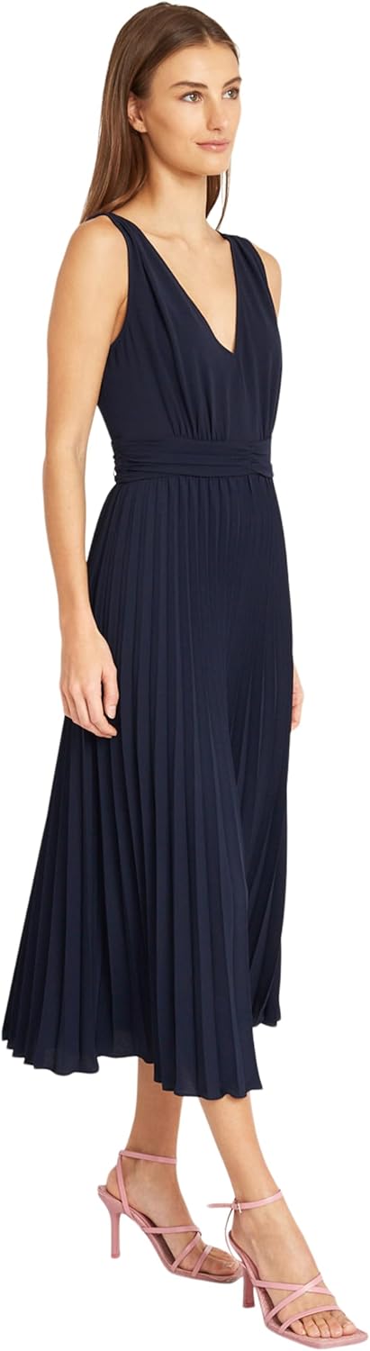 Donna Morgan Womens Elegant V-Neck Sleeveless Pleated Midi Dress for Women | Wedding Guest Dresses for Women - Image 2