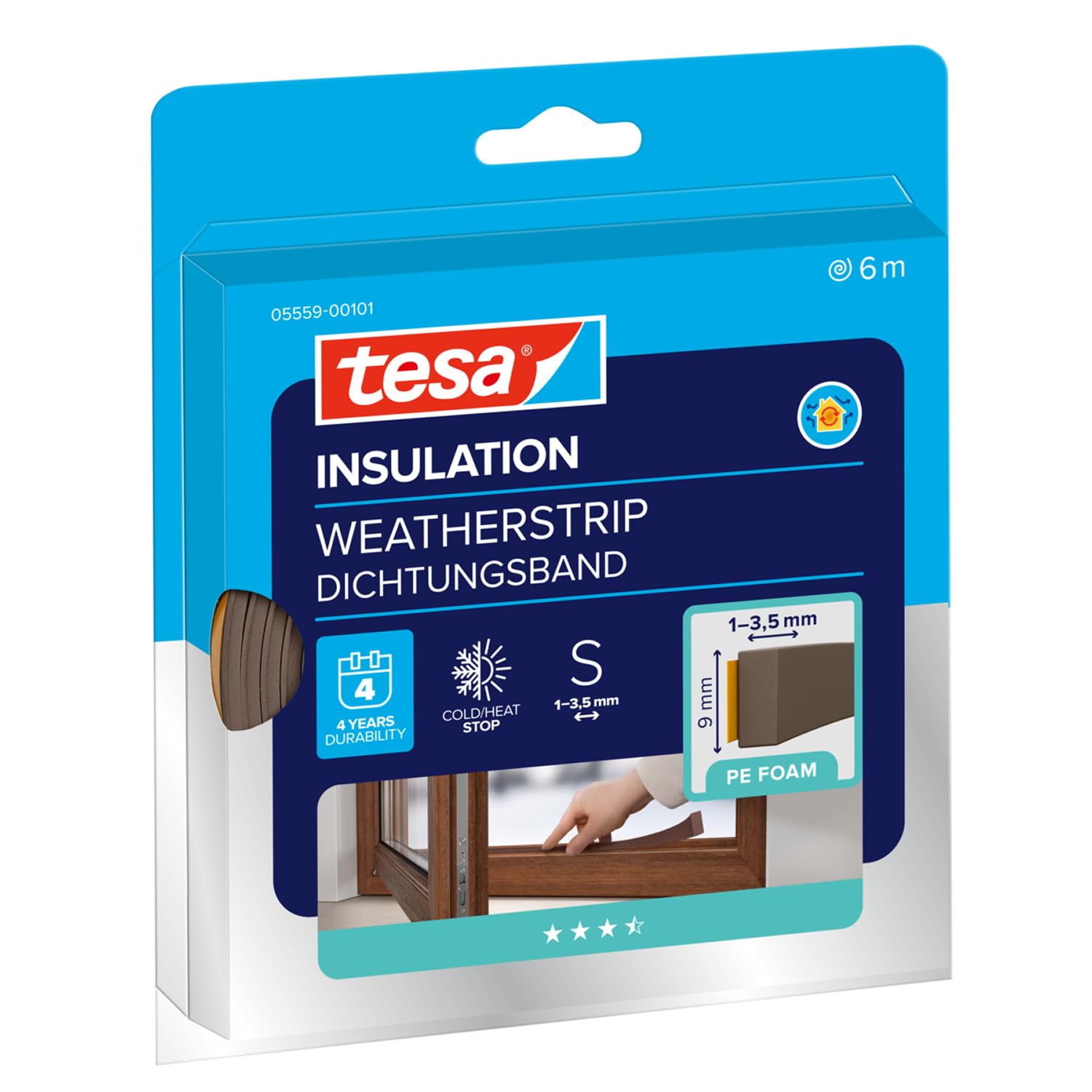 tesa INSULATION Dichtungsband S - PE-Schaumstoffdichtung zum Isolieren von Spalten im Haushalt, selbstklebend - Braun - 6 m x 9 mm x 4 mm