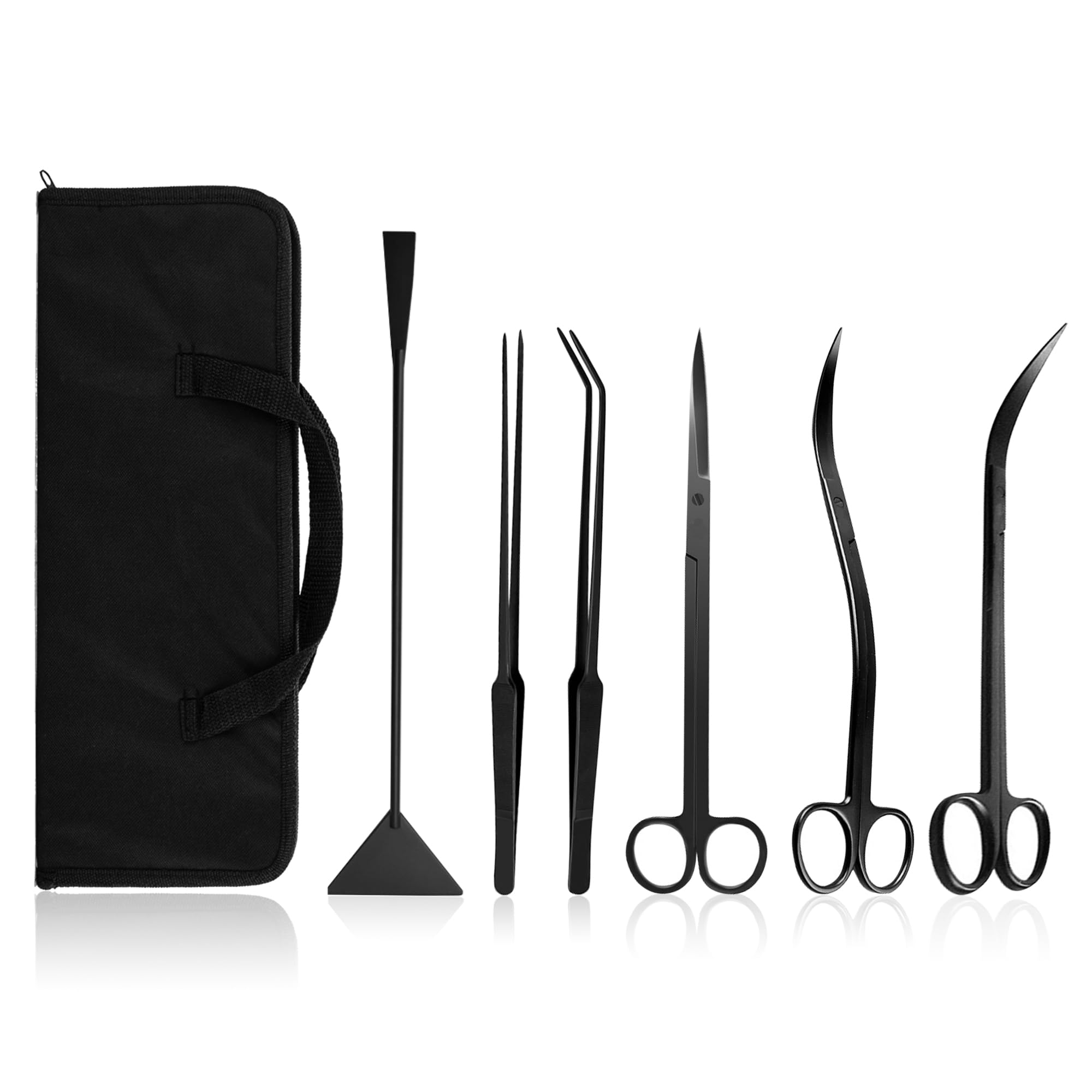 Aquascaping Tools 7 in 1 Kit Aquarium Plant Scissors Tools Set Curved & Waved Scissor Tweezers Spatula Stainless Steel Anti Rust Tools for Aquascape Black
