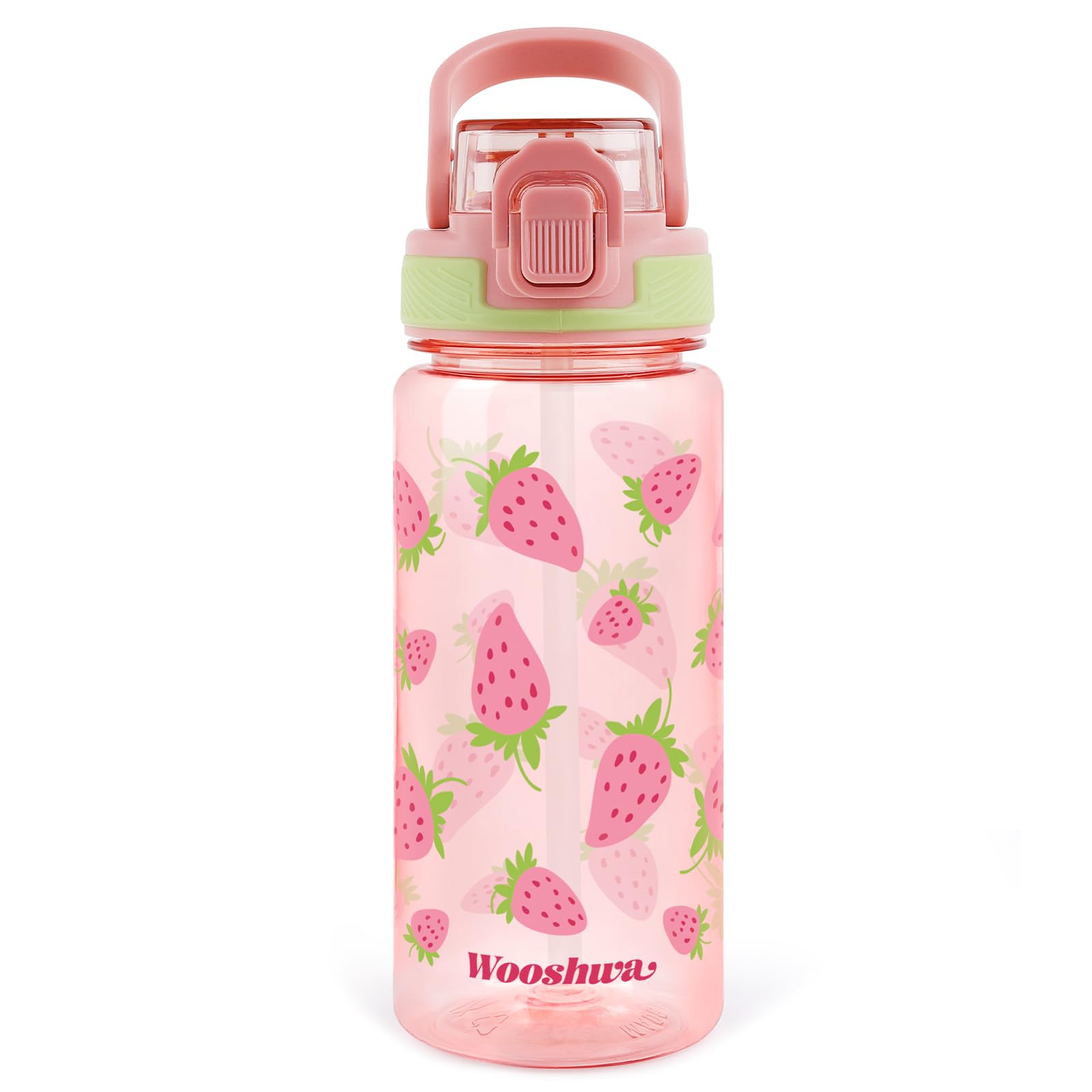 wooshwa Kids Water Bottle with Straw for School, 600ml/20 Oz Plastic Water Bottle with Silicone Spout and Pop-Up Cover, Leakproof & Dishwasher Safe (Strawberry)