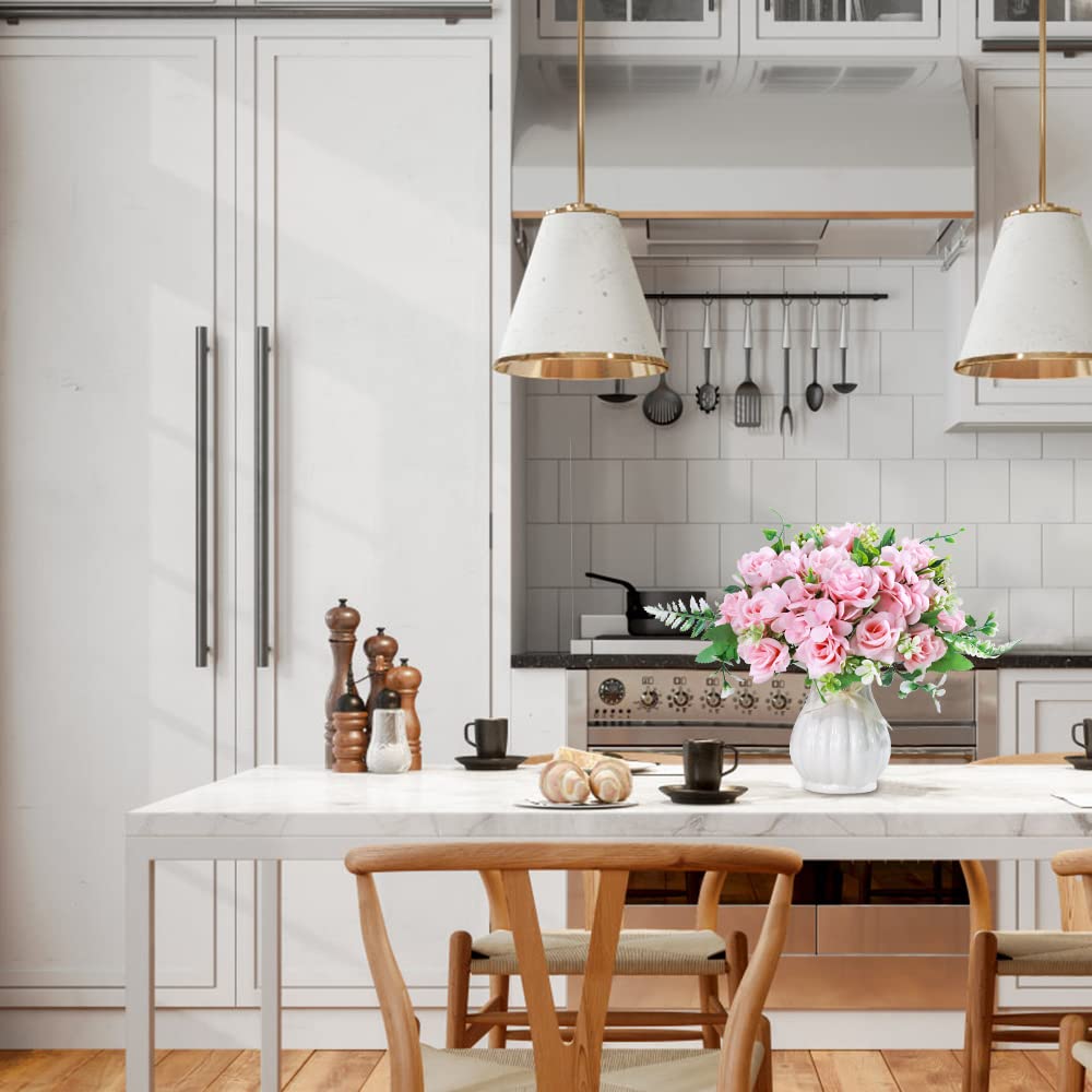 LESING Artificial Rose Silk Hydrangea Flowers Bouquets with Vase Rustic Fake Flowers for Home Decoration Table Centerpiece (Pink)