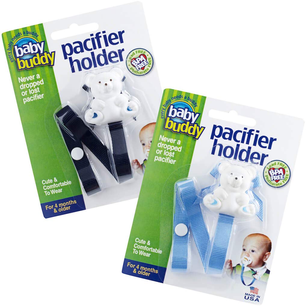 BABY BUDDYPacifier Holder Clip- Cute Fashionable Bear Clips onto Babys Shirt, Snaps to Paci, Teether, Navy-Blue, 2 Pack
