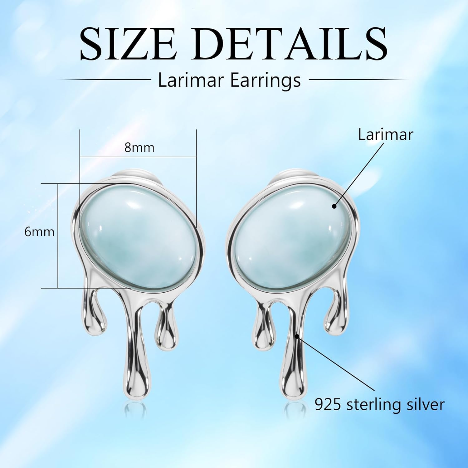 Gemsme Blue Larimar Stud Earrings - 925 Sterling Silver Natural Larimar Hypoallergenic Earrings Jewelry for Women - Image 3