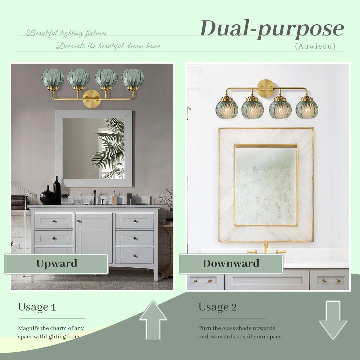 4-Light Vintage Bathroom Vanity Lights – Gold Wall Sconce with Green Glass Shades, Mid Century Modern Art Deco Lighting for Mirror, Living Room, Bedroom