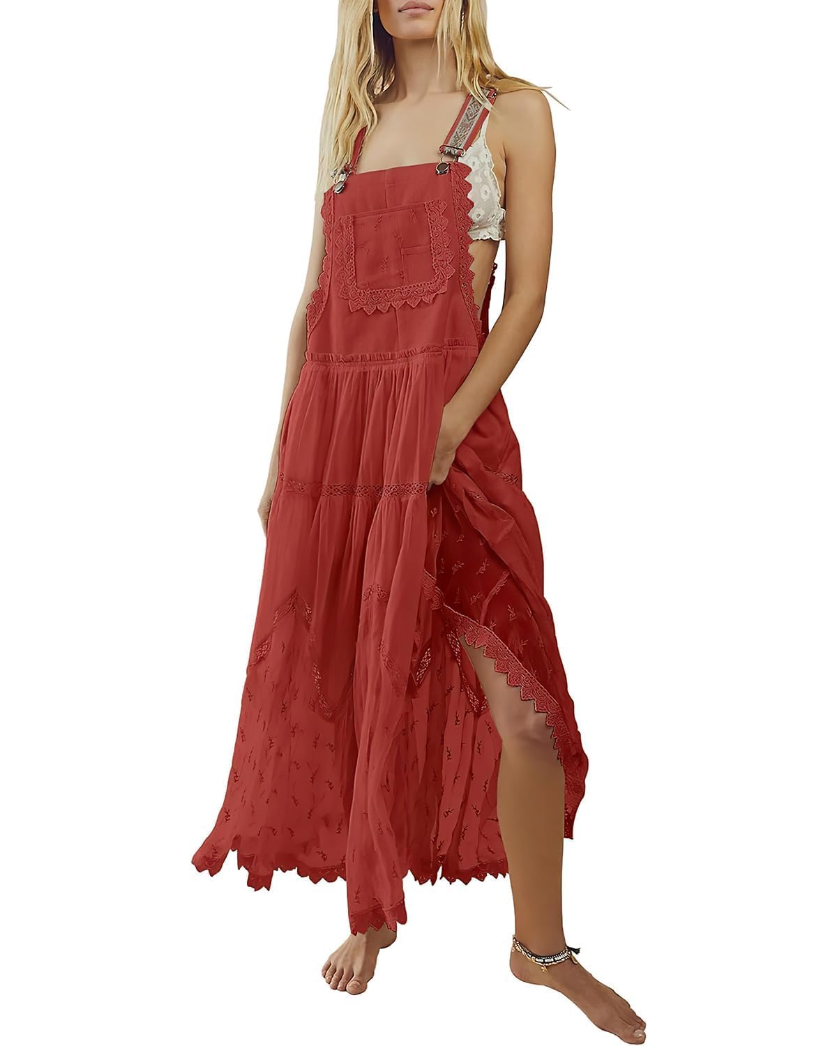 ebossy Women's Laced Embroidered Tulle Bib Dress Casual Loose Adjustable Straps Maxi Dress