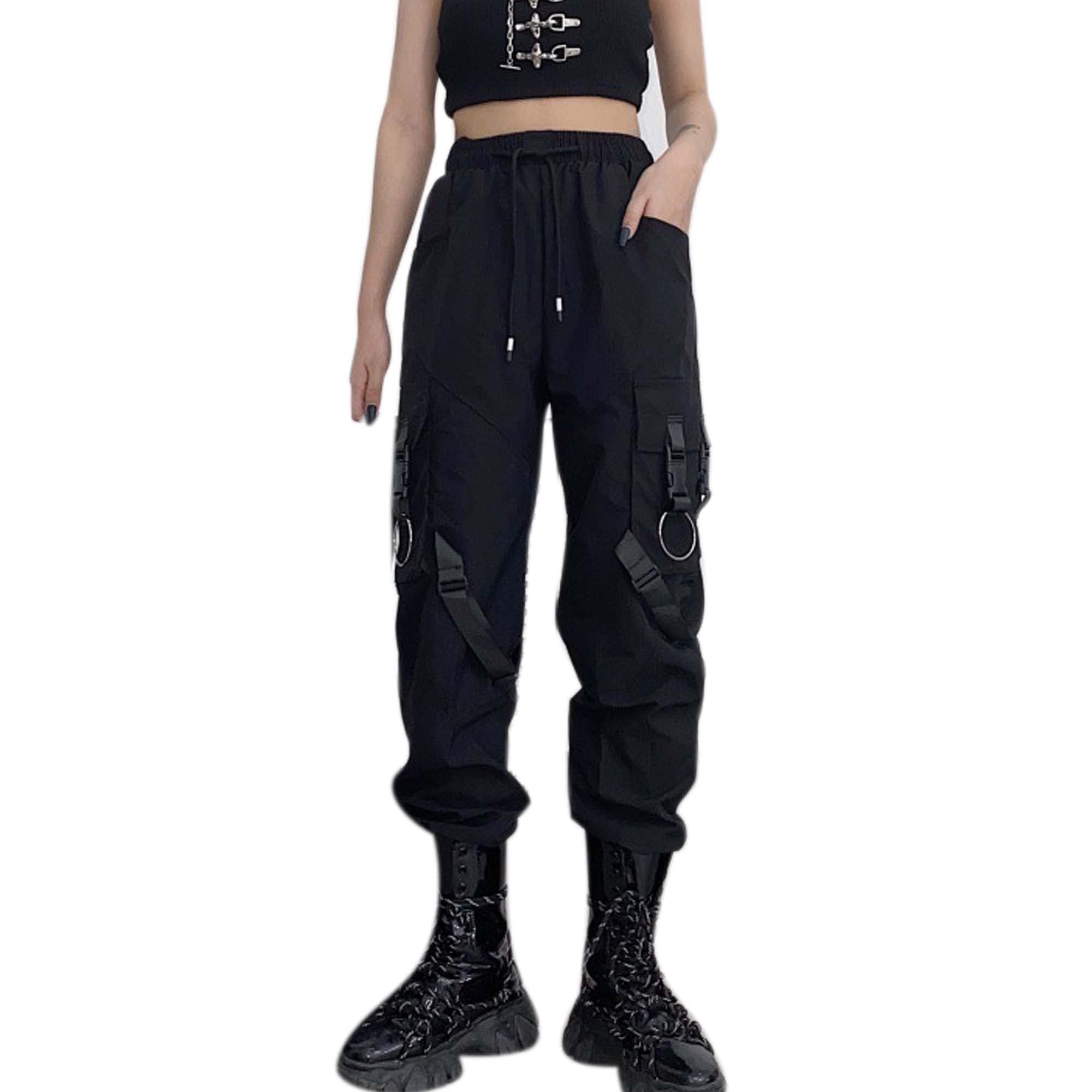 MEINVQIAOTI Street Hip Hop Trend Combat Pants Women High Waist Loose Womens Black Cargo Pants