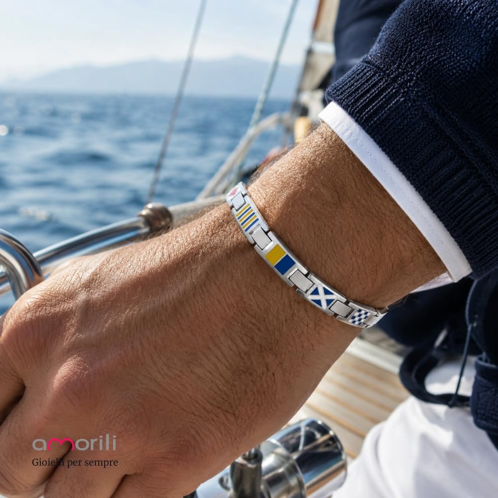 Bracciale Uomo con Bandiere Nautiche in Acciaio Inox e Smalto – Stile Mare Estate Vela Nautico – Idea Regalo Uomo