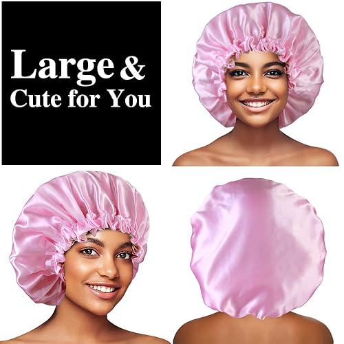 Miniatura 10 de 2 gorros reversibles de satén grande para dormir, con cordón ajustable y sedoso, para mujeres, trenzas y cabello rizado, C - Negro, vino tinto