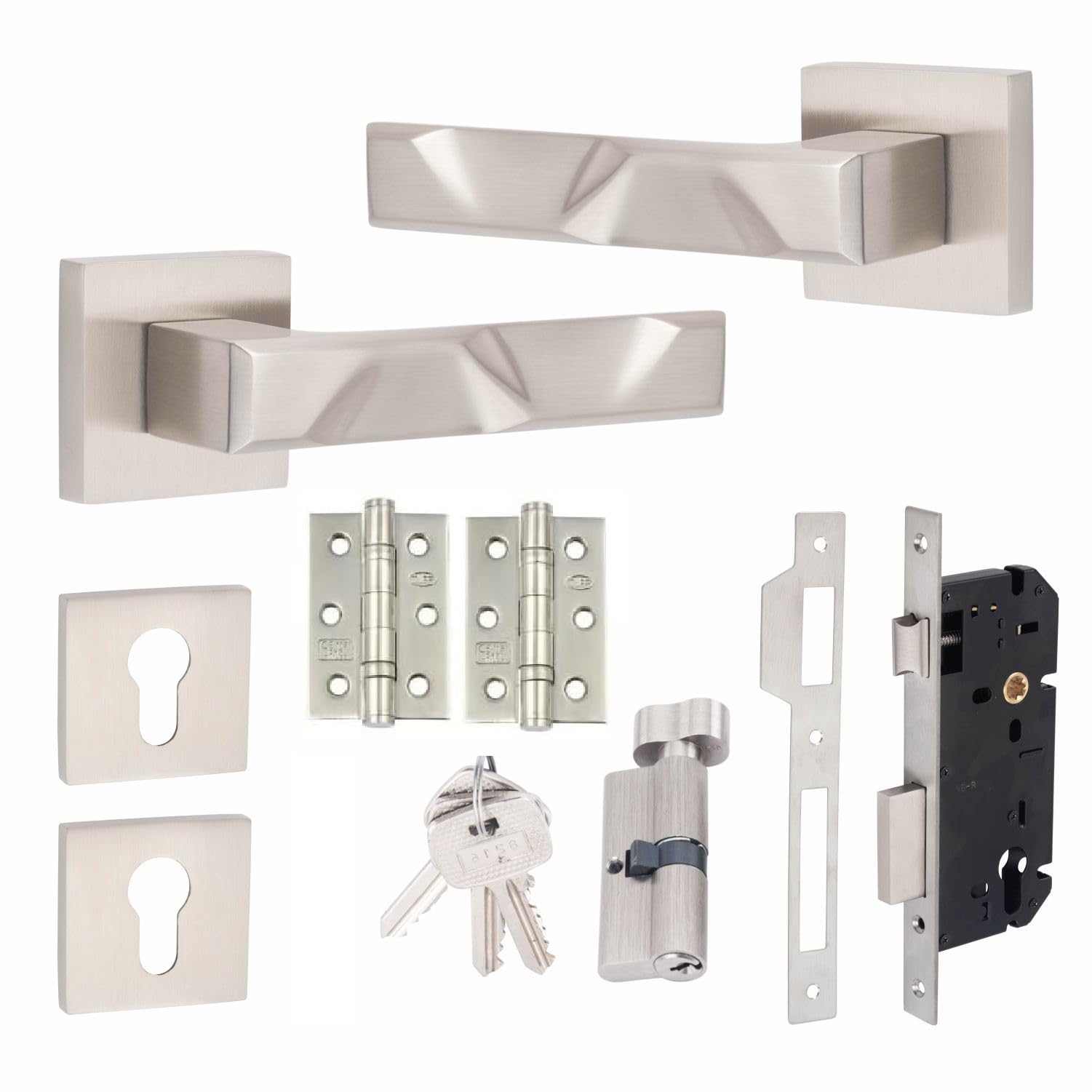 Golden Grace Satin Nickel Finish 1 Pair Modern Nova Euro Lock Door Handles, 70Mm Key & Thumbturn Barrell And Ball Bearing Hinges