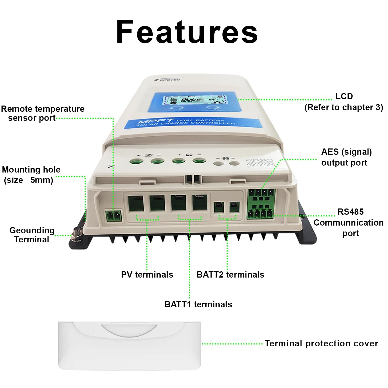 SolaMr 30A Dual Battery Regulateur de Charge Solaire MPPT, 12V / 24V Régulateur Mppt Automatique avec écran LCD pour Remorque Bateau de Camping pour Scellé, Gel, Submergé, Lithium Batterie - DR3210N