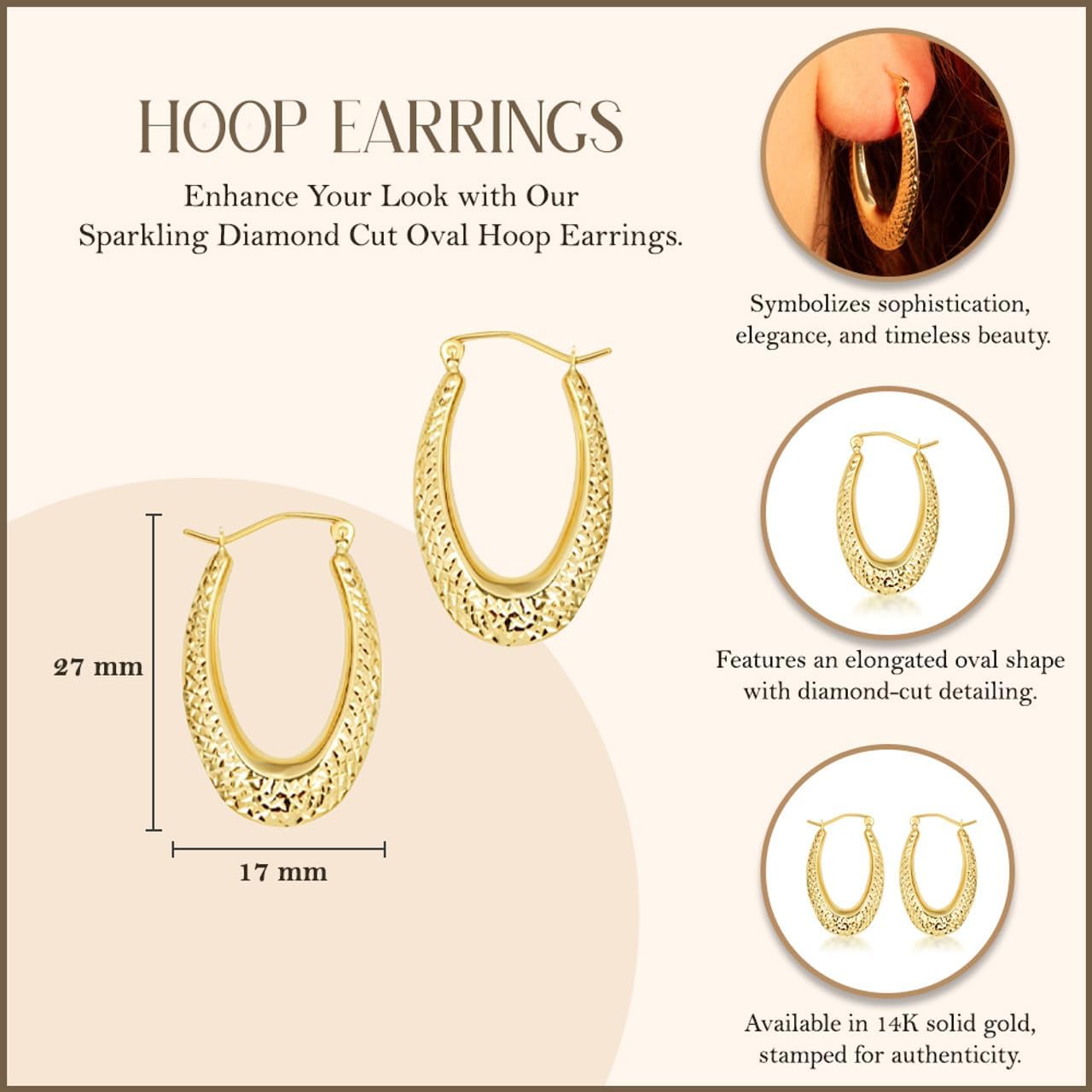 Gold Sparkle Cut Oval Hoop Earrings for Women | 10K or 14K Yellow Gold - Image 3