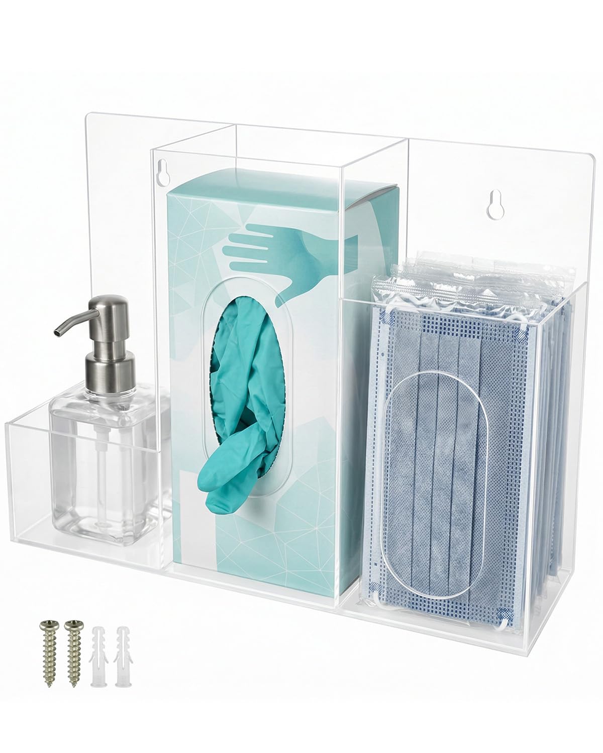 Acrylic Hygiene Station, 3 Compartment Clear Hygiene Supply Dispenser, Wall-Mountable or Countertop PPE Station for Face Masks Gloves Hand Sanitizer Tissues for Office Clinic Restaurant School