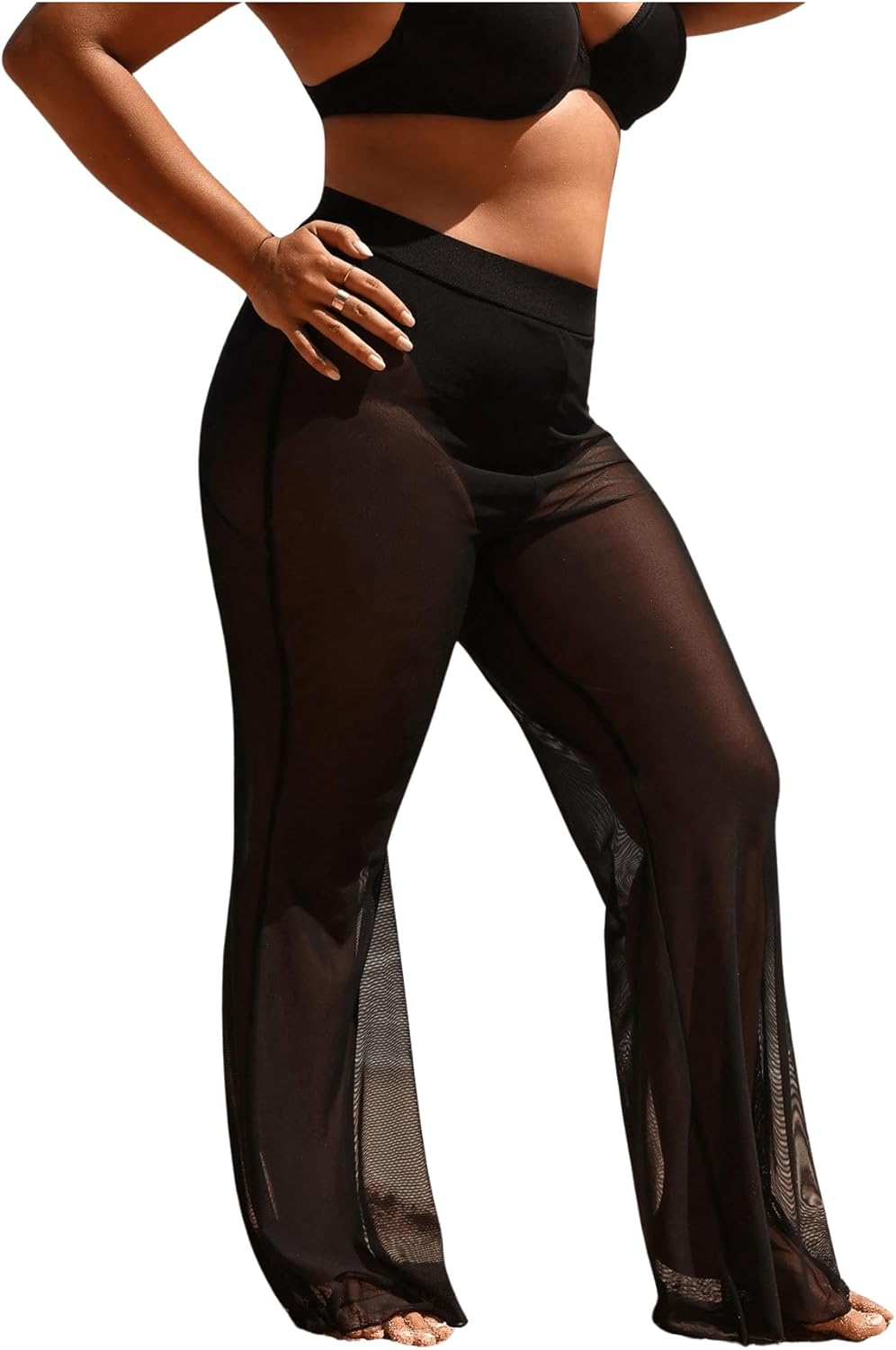 Women's Plus Size Beach Pants Sheer Mesh Swimsuit Coverup High Waisted Bikini Cover Up Bottoms - Image 3