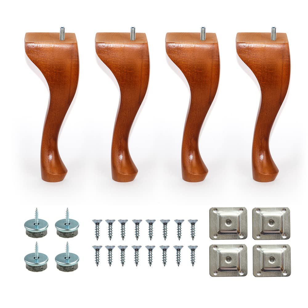 8'' Queen Anne Wooden Furniture Replacement Legs Colours M8 Thread With Level Mounting Plates Protective Felt Pads Set Of 4 Replacement Legs For Sofa Cabinet Footstool Chair Bed Ottoman (Walnut)