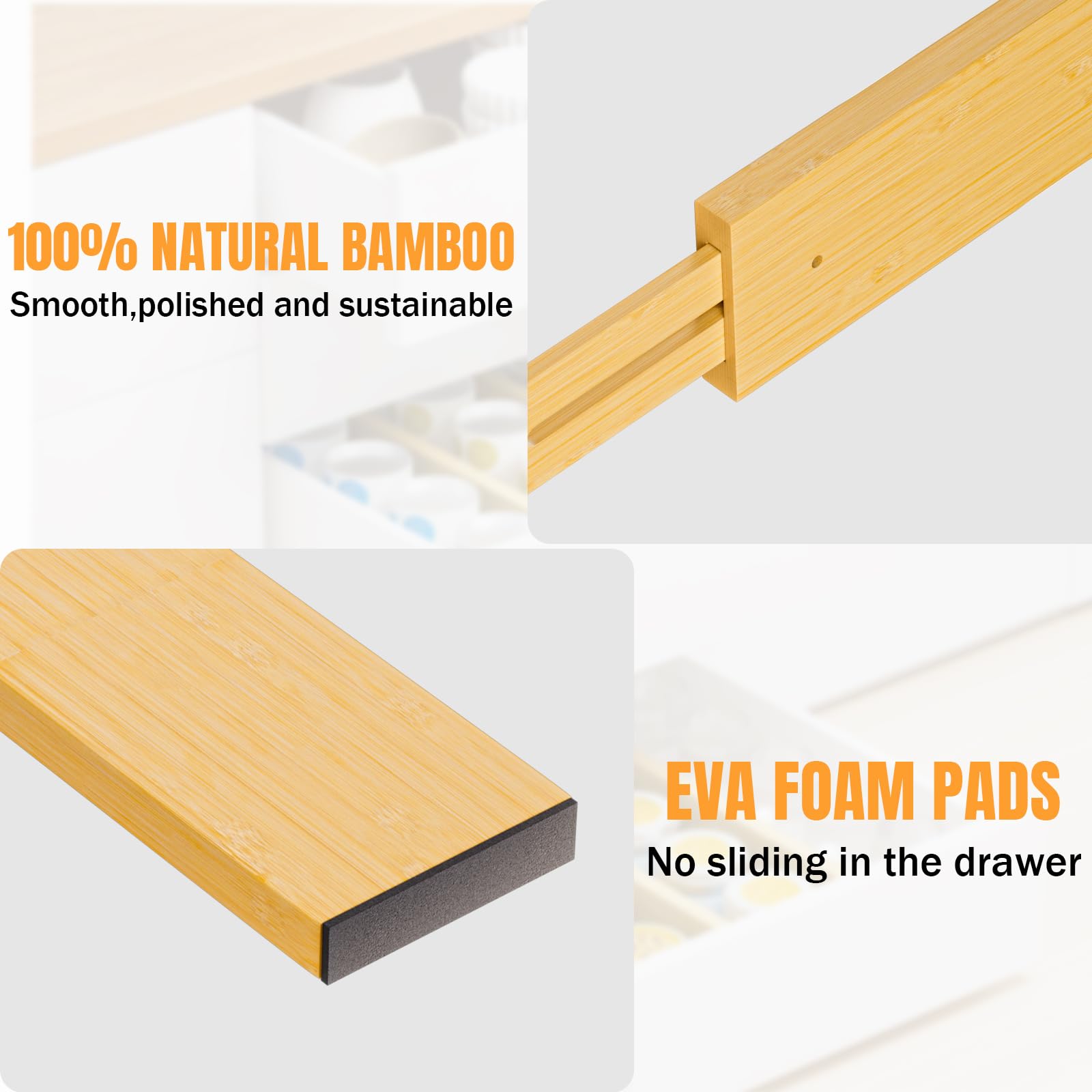 BAMBUROBA Separadores de cajones de bambú, organizador de cajones de cocina ajustable para ropa, separadores de organización de cajones expandibles de 17 a 22 pulgadas para dormitorio, baño, tocador y