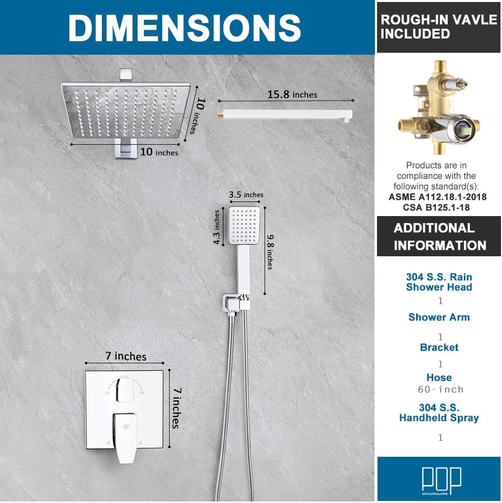 POP SANITARYWARE Shower Faucet Set Chrome 10 Inch Shower Head and Handle Set Bathroom Rain Shower System Wall Mounted Shower Fixture Include Shower Valve and Trim Kit