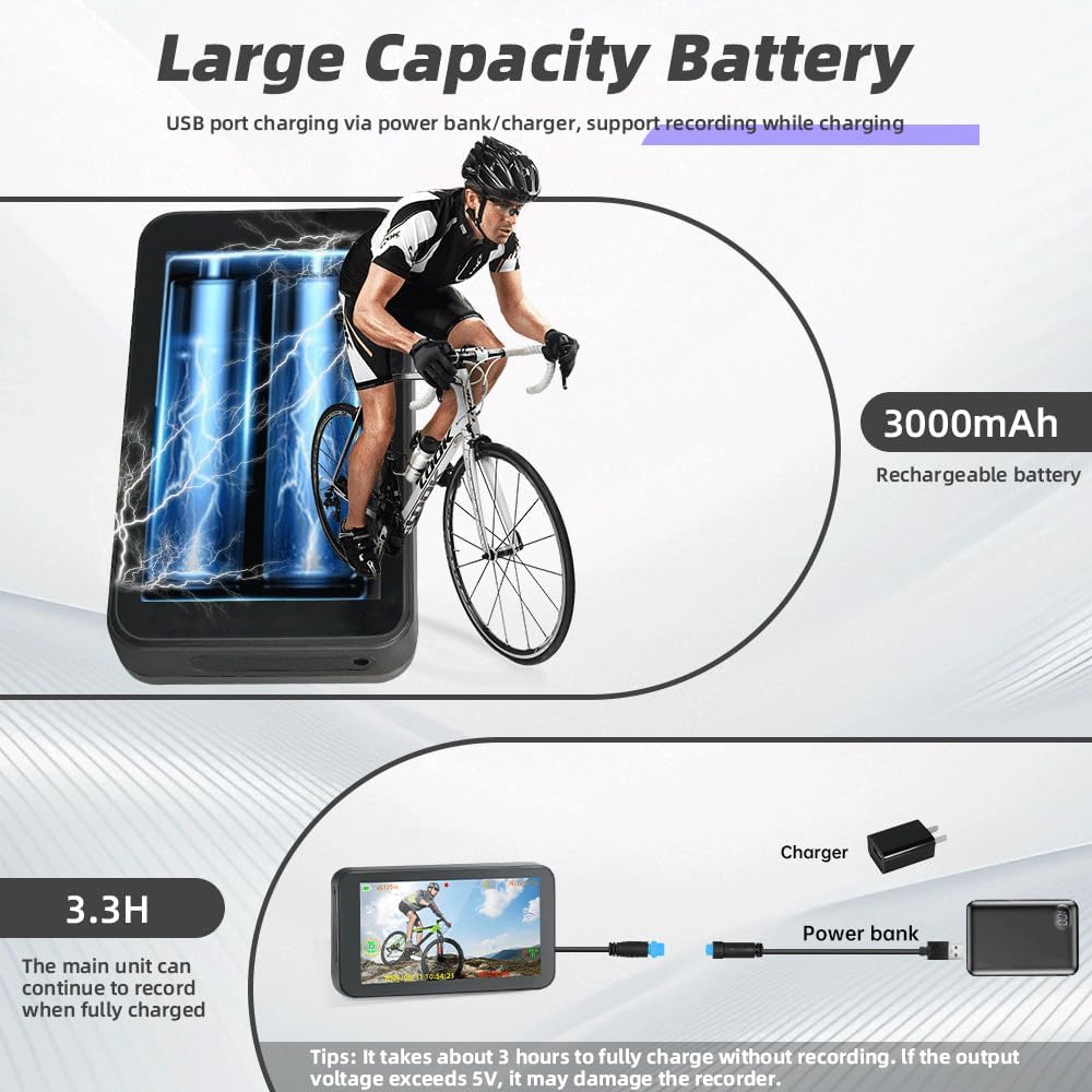 Telecamera Posteriore per Bicicletta VSYSTO, WiFi GPS da 4,5 Pollici 1080P con Visione Notturna a Infrarossi, con Modalità di Guida, Display di Chilometraggio e Calorie, Promemoria di Spegnimento