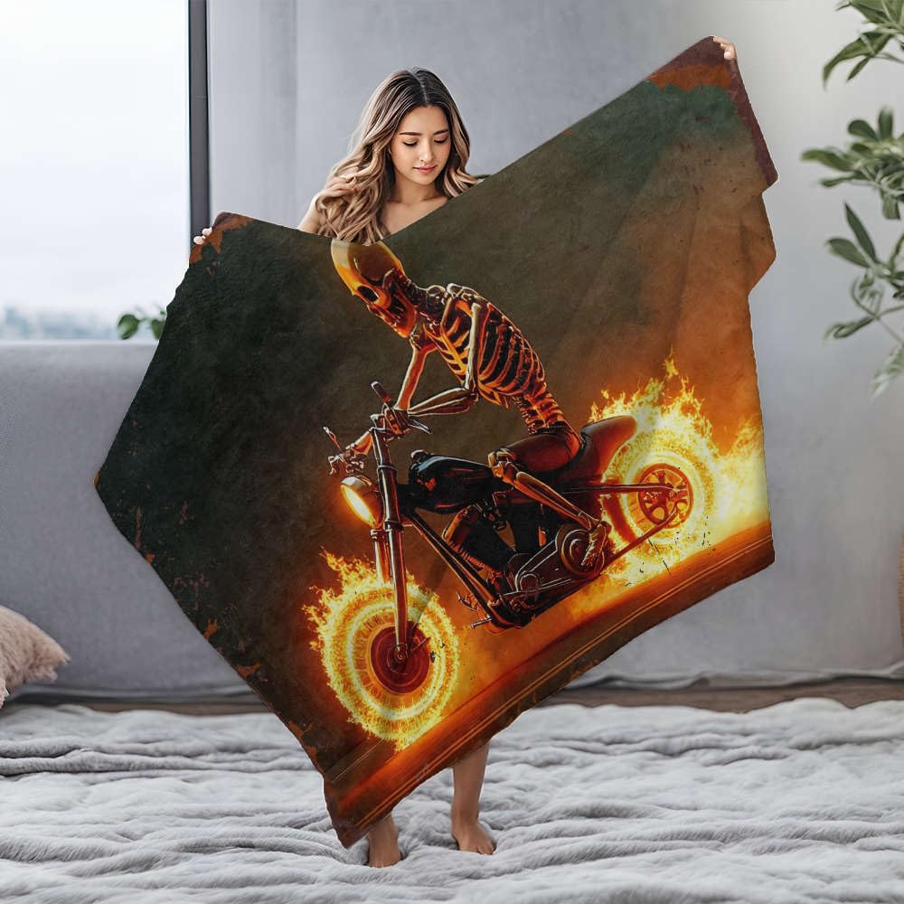 Koce dziecięce szkieletowy jeździec na płonącym motocyklu. Koc flanelowy Koce dziecięce Prezenty wielkanocne (150 x 200 cm)