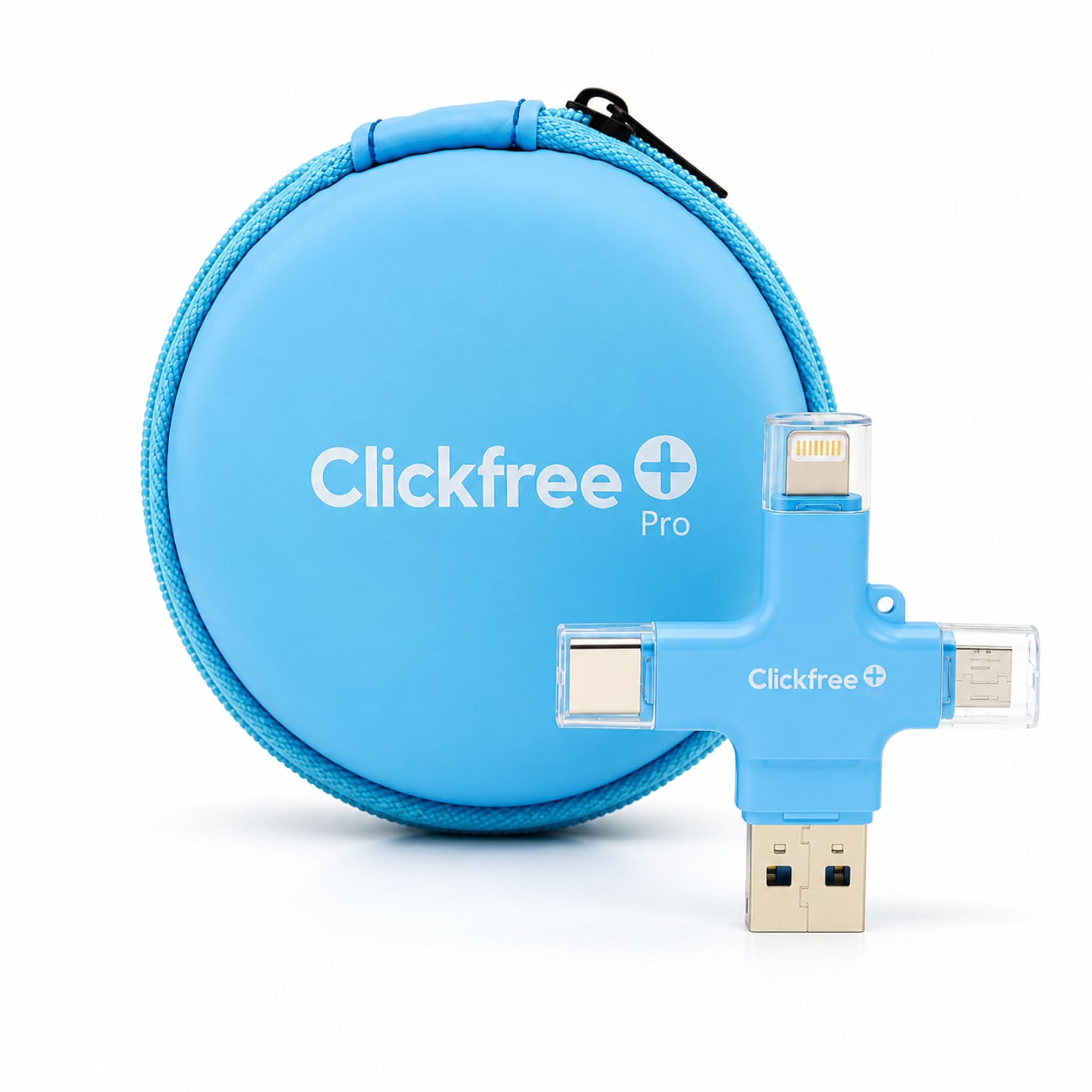 Clickfree Pro - Dispositivo de copia de seguridad de fotos y video 4 en 1 de 128 GB para iPhone, Android, iPad y Mac, incluye cupón de libro de fotos + créditos ilimitados de IA (azul cielo)