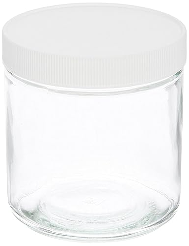 JG Finneran 9-183 - Tarro de boca ancha de vidrio de borosilicato transparente estándar corto recto con cierre de polipropileno blanco y forro de