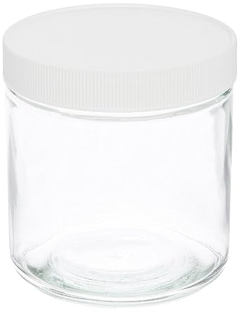 JG Finneran 9-183 Clear Glass Standard Short Straight Sided Wide Mouth Jar with White Polypropylene Closure and 0.015" PTFE Lined, 89-400mm Cap Size, 500mL Capacity Pack of 12