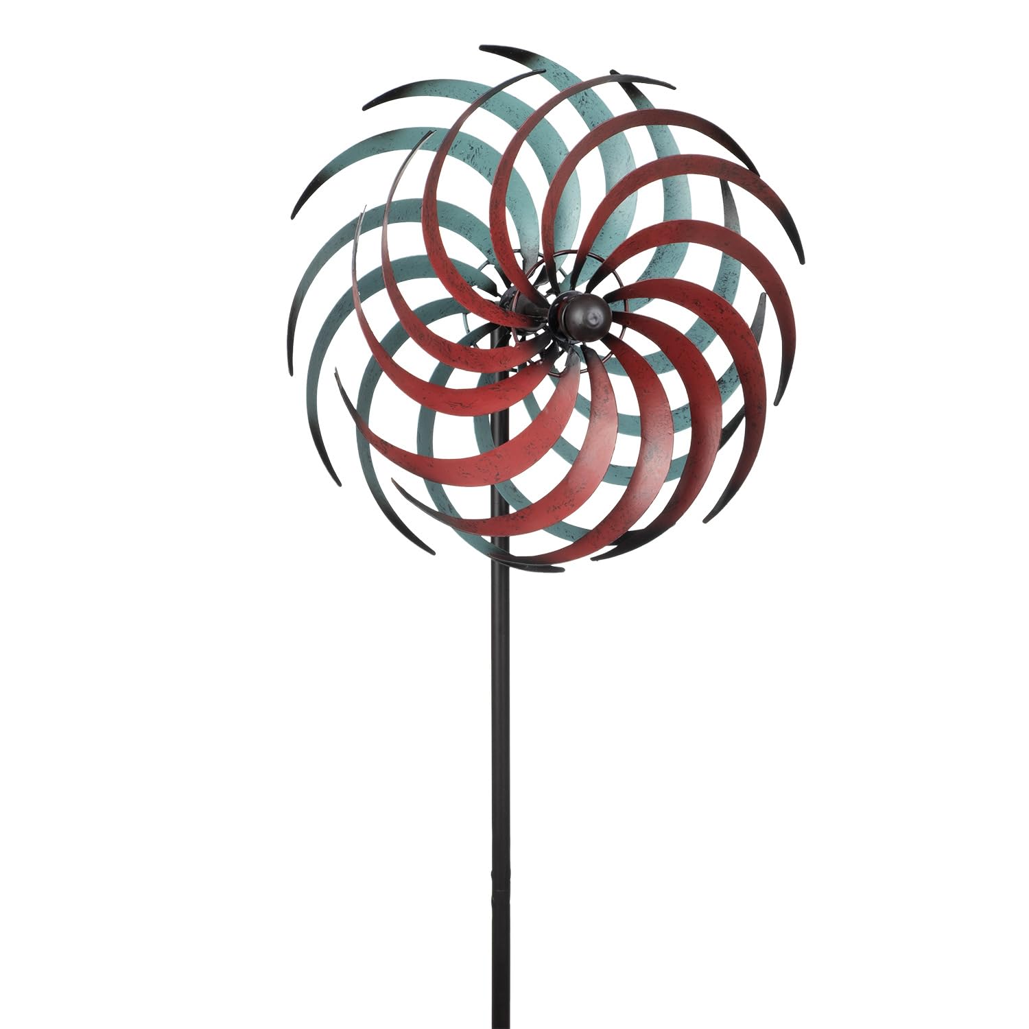 Molinillo de viento de metal para jardín, 175 cm de alto, doble caña, diámetro de 34 cm, color rojo y turquesa, resistente a la intemperie, para jardín, jardín, jardín, molinillo de viento de metal
