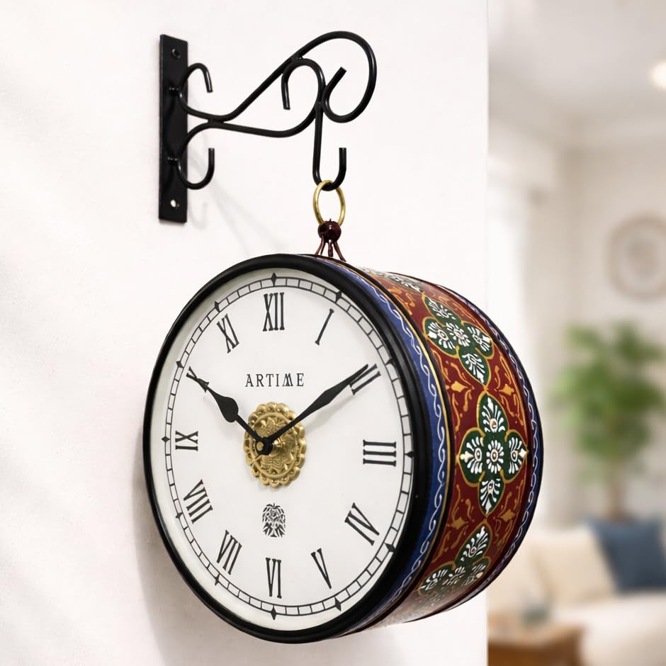 Image of Handcrafted Double Side Metal Analog Vintage Wall Clock | 1.5 Year Machine Warranty | 8 INCHES | 1 Side Number 1 Side Roman,Color (Blue Handprint)