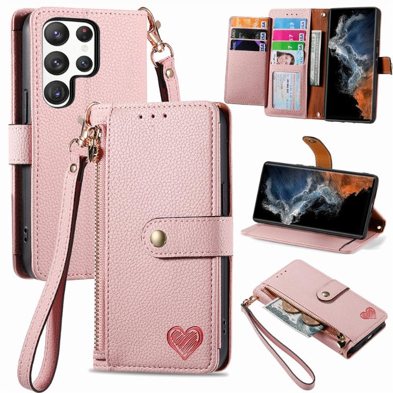 Étui rose pour Samsung Galaxy S25 avec portefeuille en cuir