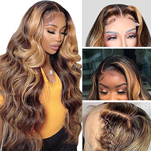 Highlight Wigs Human Hair 13X6 HD Lace Front Body Wave Wig 4 27 Ombre Brown Colored Human Hair Wigs for Black Women 150 Density Closure Wigs Human Hair Pre Plucked with Baby Hair (22 inch Body Wave Wig with Five gifts)