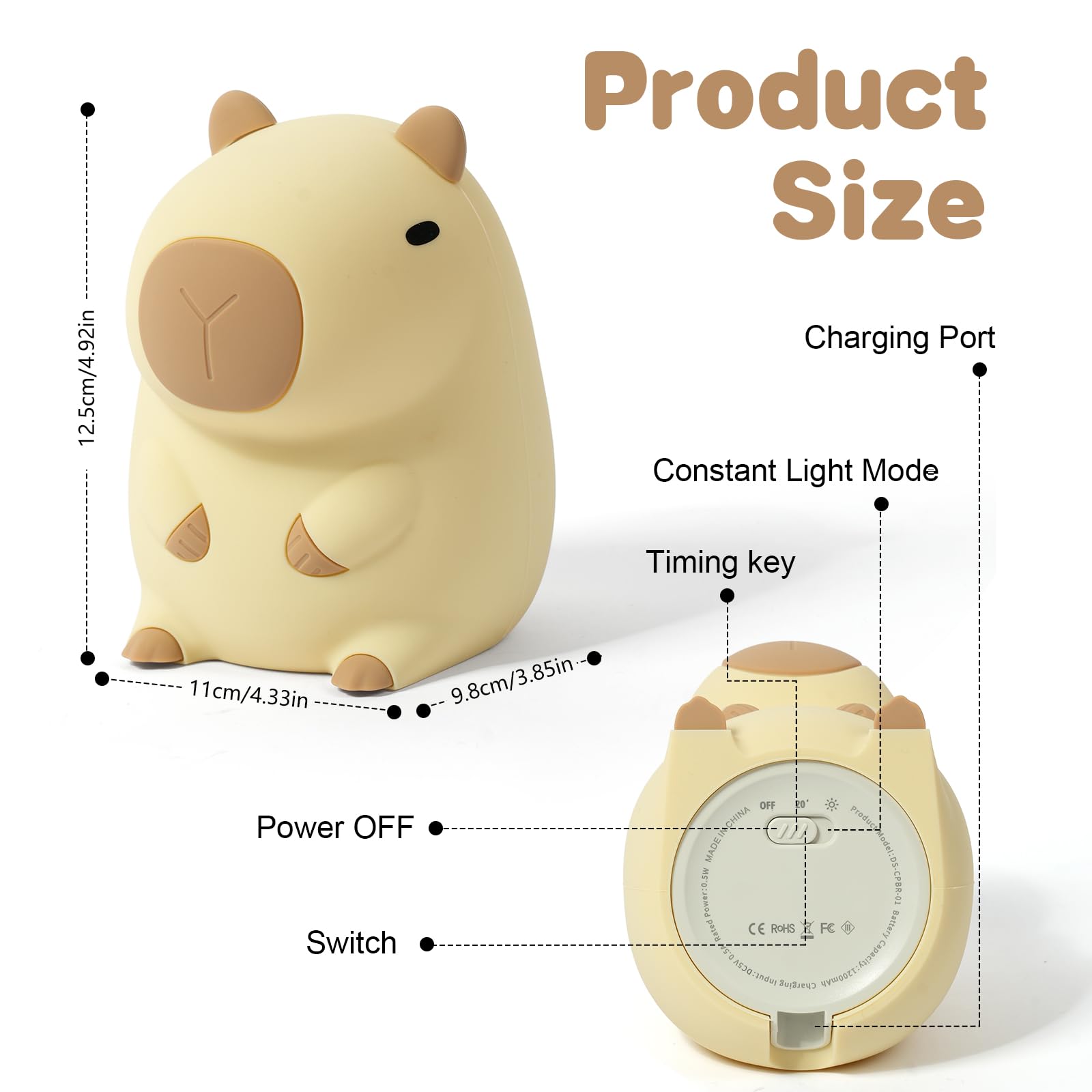 Luce Notturna Touch A Forma Di Capibara Per Bambini - Silicone Morbido, Ricaricabile USB-C, Luci Multicolore