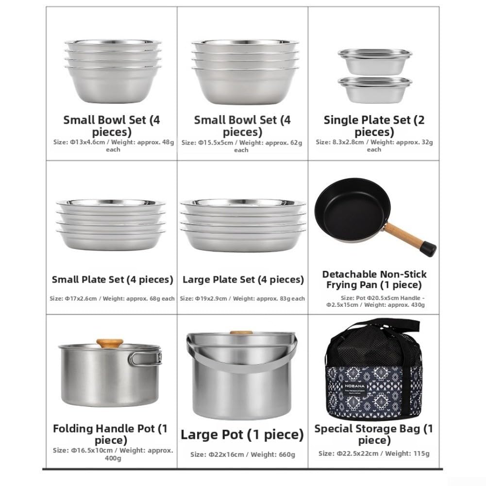 Batterie de cuisine portable 22 pièces en acier inoxydable pour camping