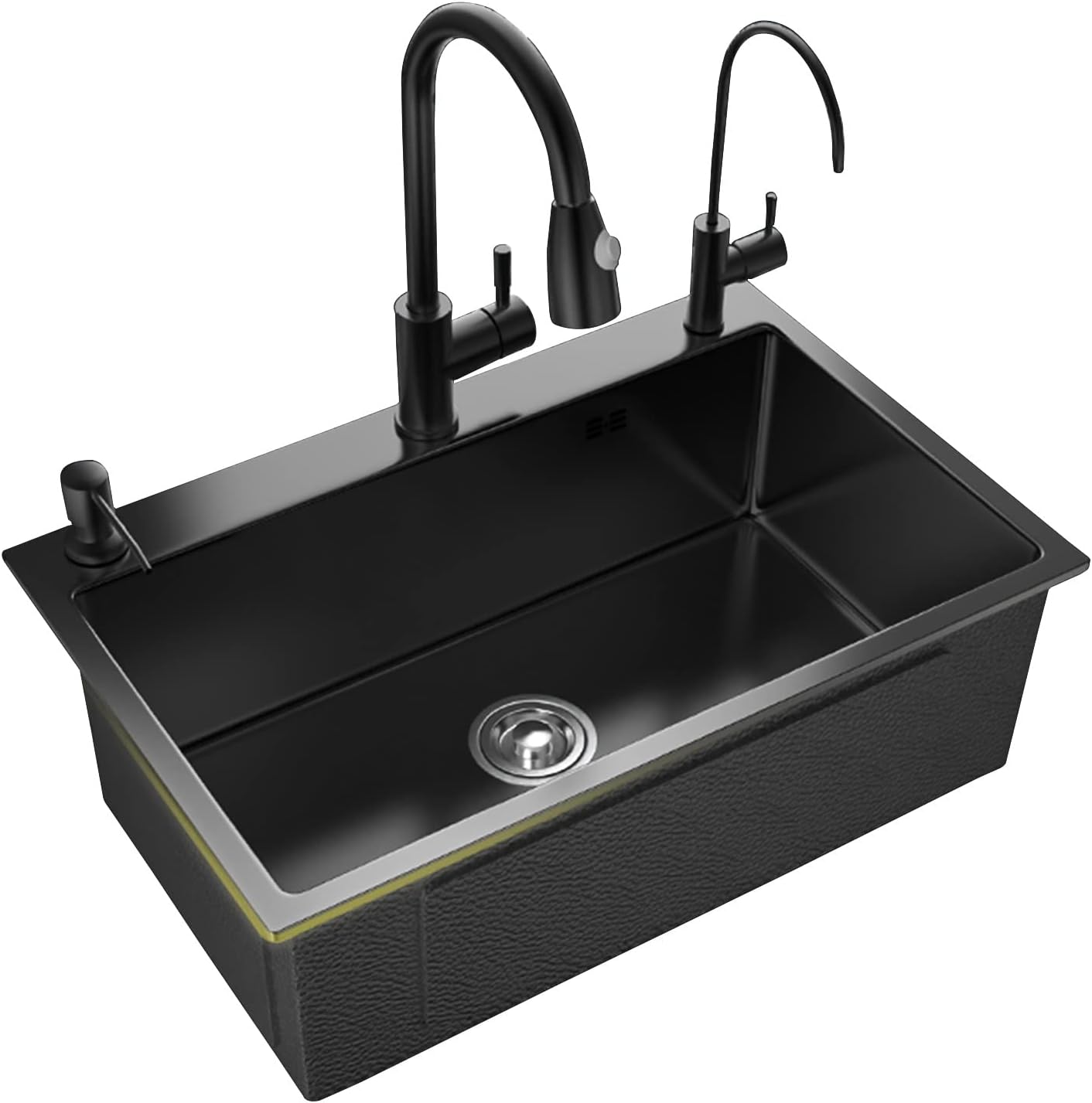 Kitchen Sink,Thickened Stainless Steel Sink, Kitchen Prep Sink, Black Grey Square with Pull-Out Faucet Bar Sink