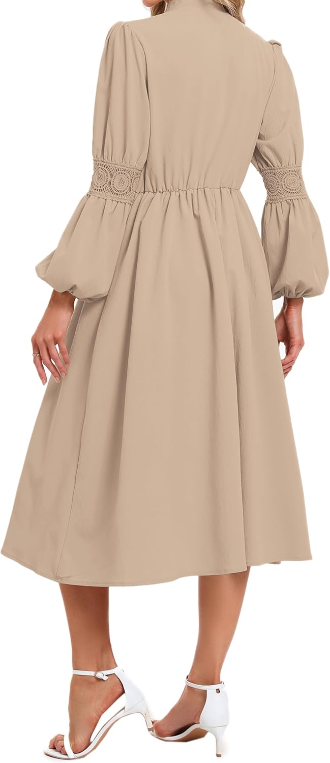 Women's 2026 Spring Dresses Long Puff Sleeve Crew Neck A Line Elastic Wasit Embroidery Formal Casual Midi Dress - Image 5