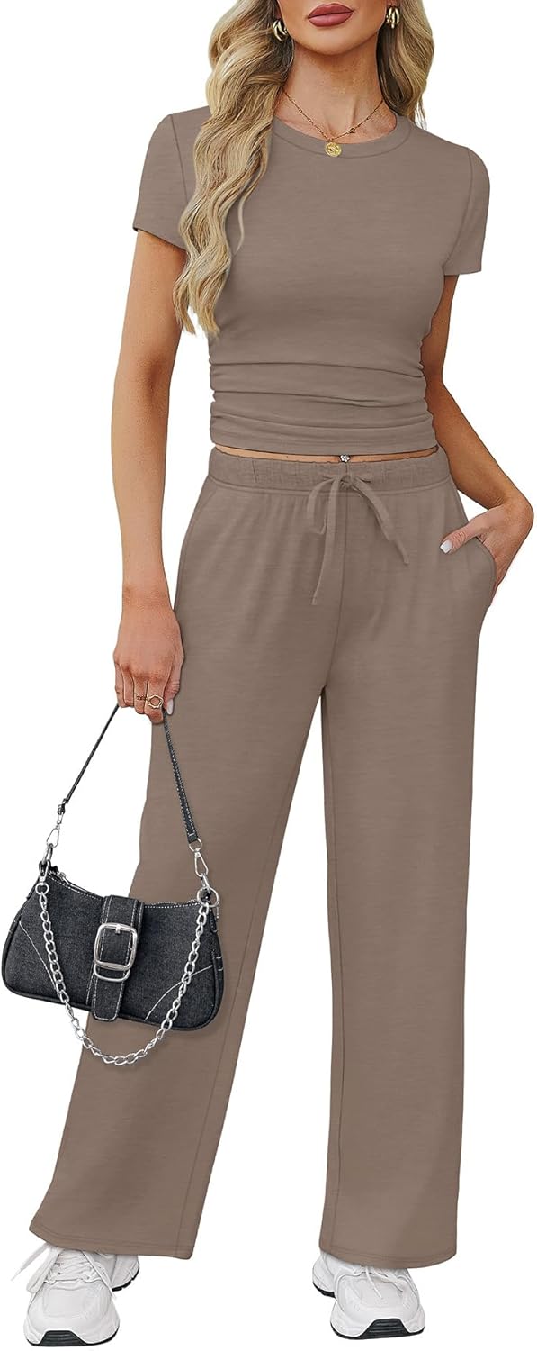WIHOLL Lounge Sets for Women 2 Piece Vacation Outfits Short Sleeve Tops with Side Ruched Wide Leg Pants Matching Sets