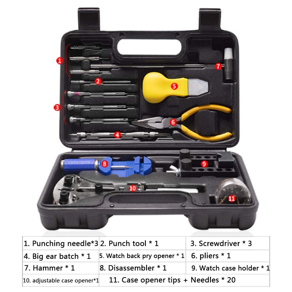 Kit de reparación de relojes con estuche de transporte, herramienta de reemplazo de batería de reloj, juego de herramientas para quitar eslabones, herramientas para abrir cajas de reloj para reparaci