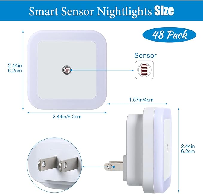 Tuanse Tuanse 48 Pack LED Night Lights Plug into Wall Smart Sensor Sensor Automatic Night Lamp Nightlights Accessories for Bedroom Bathroom Toilet Stairs Kitchen Hallway(White) photo 5