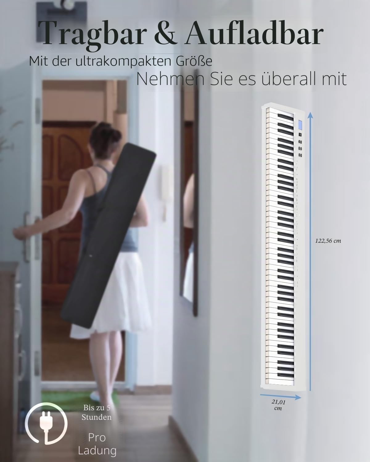 【Keyboard Piano Set mit Ständer】Longeye 88 Tasten E-Piano, Semi-Gewichtet, Kompakt und Tragbar, mit Tragetasche, Notenständer und Sustain-Pedal, Weiß (Slim-88)