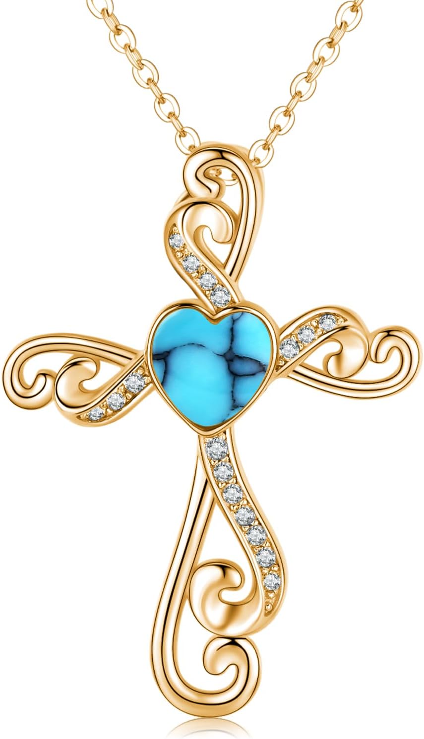 Cross Pendant Necklace 925 Sterling Silver Religious Moonstone Turquoise Cross Necklace Jewelry Gifts for Women