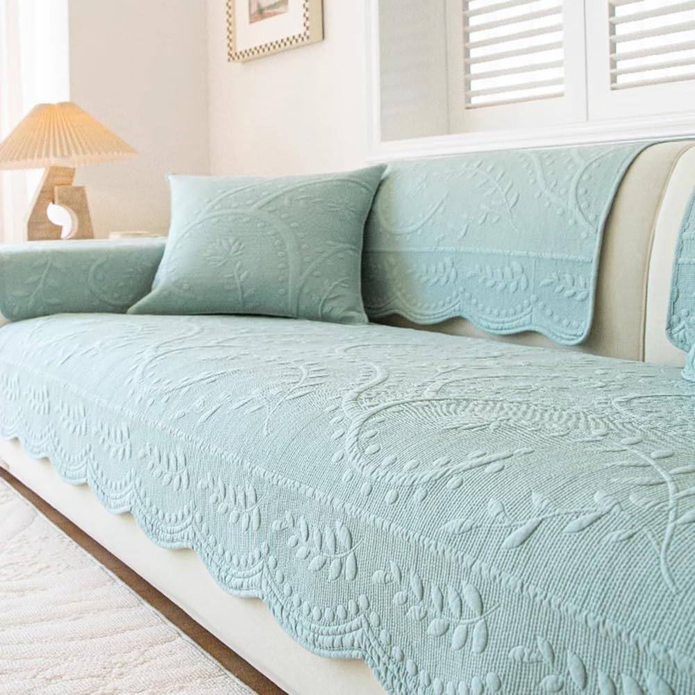 Leaf Floral Cotton Quilted Dog Couch Cover for Sofa Farmhouse Rustic Embroidered Sectional Couch Cover Soft Anti-Slip Sofa Slipcover Furniture Protector for Kids, Pets (Beige,28"x82")