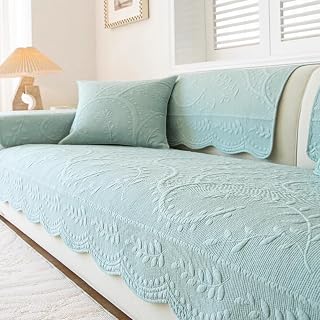 Leaf Floral Cotton Quilted Dog Couch Cover for Sofa Farmhouse Rustic Embroidered Sectional Couch Cover Soft Anti-Slip Sofa Slipcover Furniture Protector for Kids, Pets (Blue,28"x28")