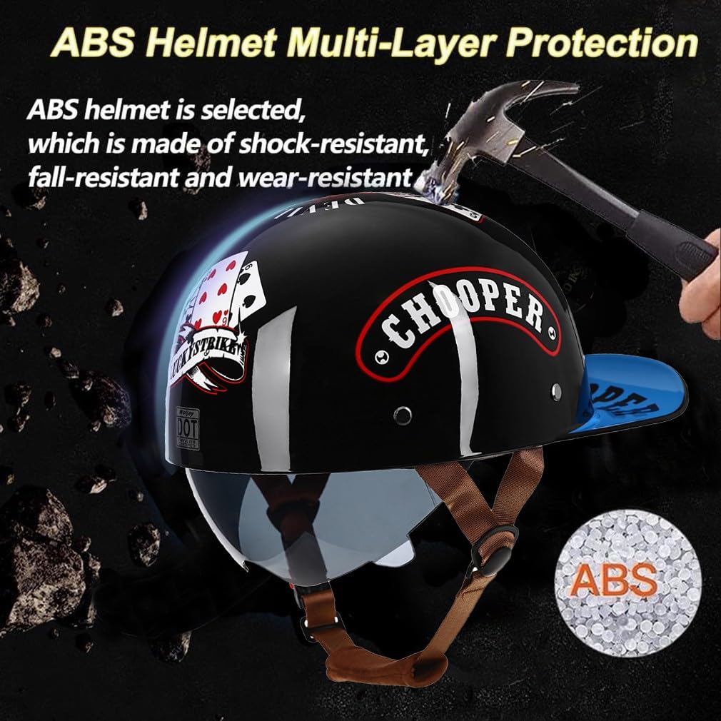 Motocyklowa czapka baseballowa z połową głowy z maską ECE Certyfikowany przez ECE Face Head z kurczliwą brązową soczewką Quick Release dla dorosłych mężczyzn kobiet S ~ 2XL 55-64 cm